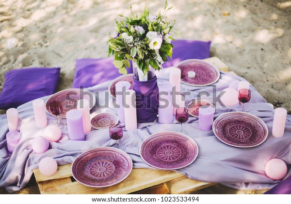 Purple Wedding Table Decoration Plates Glasses Stock Photo Edit