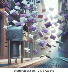 purple, white and grey color envelopes floating in the street and buzon of cards