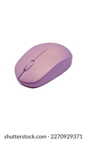 Purple wireless computer mouse isolated on white background. Computer hardware. Side view.