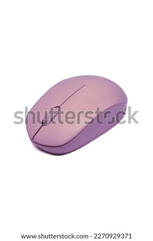 Purple wireless computer mouse isolated on white background. Computer hardware. Side view.