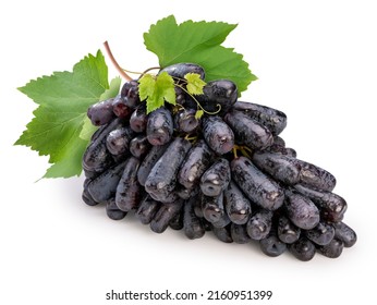 Purple Witch Finger grapes isolated on background, Moon Drops grape or Witch Fingers with leaves isolated on white With clipping path. - Shutterstock ID 2160951399