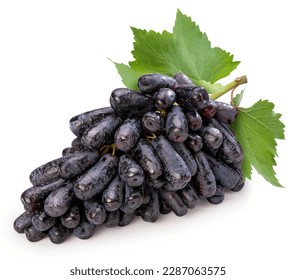 Purple Witch Finger grapes isolated on background, Moon Drops grape or sapphire grapes with leaves isolated on white With clipping path.