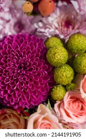 Purple,Green And Pink Flowers Are Together, Colorful Flower Arrangement Close Up