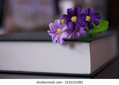 Purrle Flower On Hardcover Law Book In Blur Office Room For Business Or Education Background