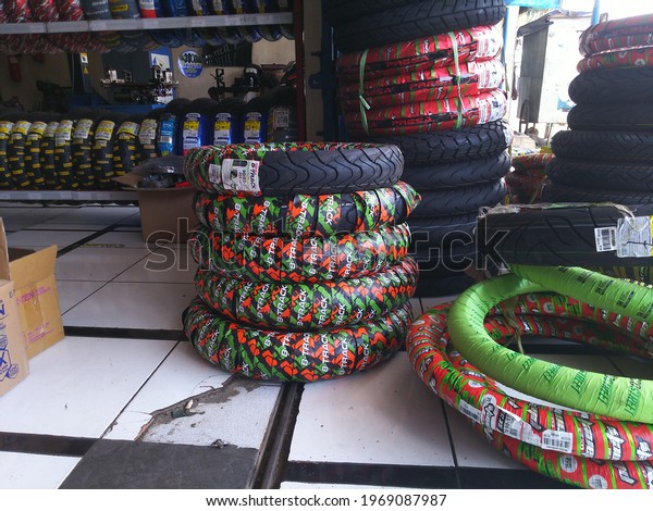 Purwokerto, Central Java, Indonesia -\
May Thursday 2021 A Pile of New Motorcycle\
Tires