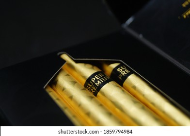 Purwokerto, Central Java / Indonesia - November 16 2020: Dji Sam Soe Super Premium Black Gold Cigarettes