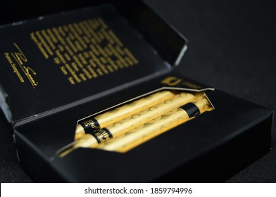 Purwokerto, Central Java / Indonesia - November 16 2020: Dji Sam Soe Super Premium Black Gold Cigarettes