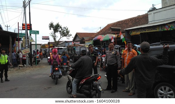 Purworejo (Central Java), 18 August 2019: The\
atmosphere of traffic jams in the village when the euphoria of the\
Republic of Indonesia\
Anniversary