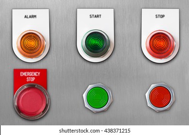 Push Button Switch With Emergency Stop And Start Stop Alarm Lamp Signal On Stainless Steel Panel Wit Clipping Path