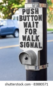 Push button for traffic signal at a typical pedestrian crosswalk