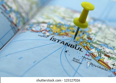 Push pin pointing at Istanbul, Turkey