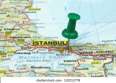 push pin pointing at Istanbul, Turkey