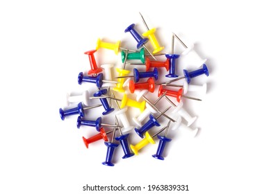 Push pins isolated on white background. Colourful push-pin thumbtack tools office on white background.