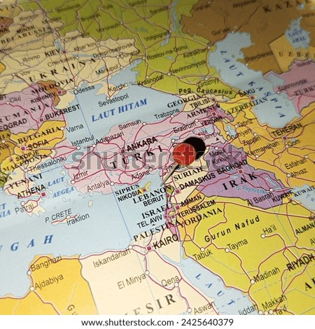 Push red pin or red tack  on the territory of Lebanon or Beirut on the world map. Close up zoom image of Horizontal image. 