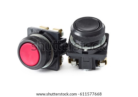 Pushbutton switches red and black on a white background