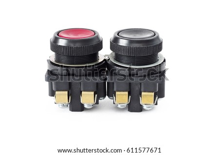 Pushbutton switches red and black on a white background