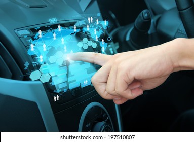 Pushing On A Touch Screen Interface Navigation System In Interior Of Modern Car