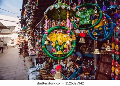 Pushkar City, Rajasthan, India, February 15, 2018: Street Market Shop 