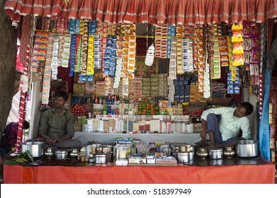  pushkar fair / india 9 november 2016 The betel leaf (Paan ) tobacco  cigarette shop  at the Pushkar annual camel fair market Rajasthan  India