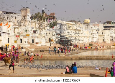PUSHKAR, INDIA - December, 2017: Indian people visiting Pushkar holy lake, Rajasthan, India