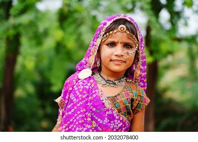 Pushkar, Rajasthan India August 19 2021: Portrait of a little rajasthani girl 