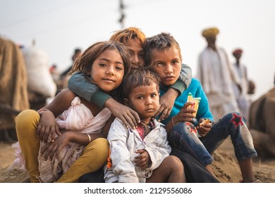 Pushkar, Rajasthan - India- January 20 2022 : Portraits Of A Young Kids With Colored Hair And Captured In Shallow Depth Of Field.