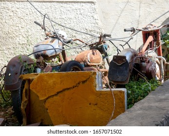 Pushkar, Rajasthan / India - November 5, 2019 : Scrap Of Harley Davidson Motor Bike In Junk Yard