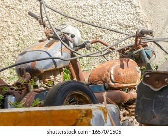 Pushkar, Rajasthan / India - November 5, 2019 : Scrap Of Harley Davidson Motor Bike In Junk Yard