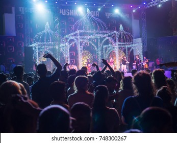 Pushkar Rajasthan, India - October 29, 2017 : People Dancing In Indian Music Band Concert By Bollywood Singer Shadab Faridi At Pushkar Camel Fair