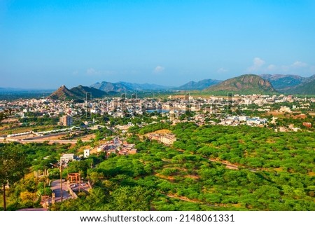 Pushkar town and lake aerial panoramic view in Rajasthan state of India
