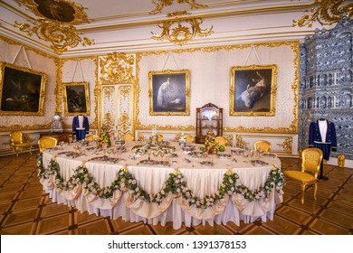 Pushkin, Russia - September 11 2018: A Lavish Table Setting Inside The Royal Catherine's Palace In Pushkin, Near St Petersburg Russia.