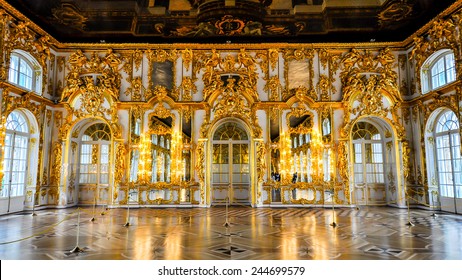 Pushkin, Saint Petersburg, Russia - June 13, 2011: The Great Hall, Catherine Palace. Created between 1752 and 1756 the Great Hall is the largest state room in the palace.  