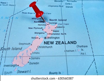 Pushpin marking on Auckland, New Zealand map.