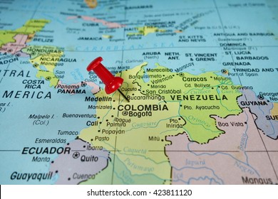 Pushpin Marking On Bogota, Colombia Map.