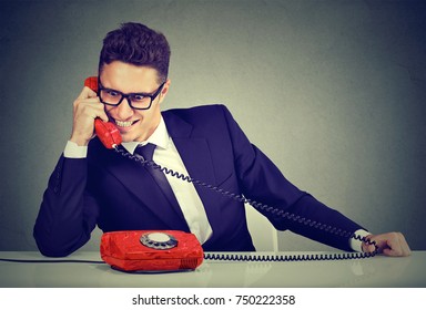 Pushy Young Salesman Business Man Advertising His Best Product On A Phone