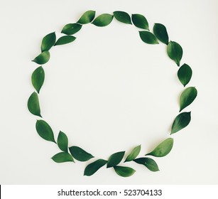 Put Fresh Green Leaves In Circle And Copy Space