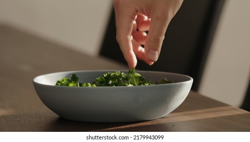 Put Kale In Blue Bowl On Walnut Table Making Salad