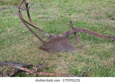 Putaja, Finland - July 4 2020: Documentary Of Everyday Life And Place. Old And Classic Plow. Smooth Drag Equipment For Agriculture.