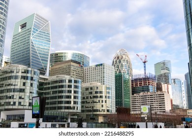 PUTEAUX, FRANCE - Feb 04, 2021: A Beautiful View Of La Defense Skyline With Dalkia, Enedis, CBX, CGI Buildings, Puteaux, France