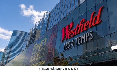 Puteaux, France - November 12, 2020: Exterior view of Westfield Les 4 Temps shopping center. This shopping center, managed by Unibail-Rodamco-Westfield, is located in the Paris-La Défense district