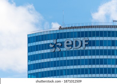 Puteaux, France - November 12, 2020: Exterior view of the top of the EDF tower in Paris-La Defense. EDF (Electricité de France) is the historical supplier of French electricity