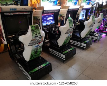 Putrajaya, Malaysia - 24 December 2018 : Closeup Video Game Car Racer Slot Machines For Kids Section In Shopping Mall.  