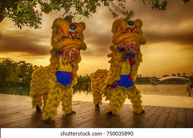 PUTRAJAYA, MALAYSIA - 5 NOVEMBER 2017: The Lion Dance is performed to ward off evil and bring good fortune during Upcoming Chinese New Year event in Putrajaya.