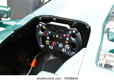 PUTRAJAYA, MALAYSIA - APRIL 2: Closeup of Steering controller from Team Lotus F1 at street demonstration April 2, 2011 in Putrajaya, Malaysia. The event is a promotion for F1 Malaysia Grand Prix 2011.