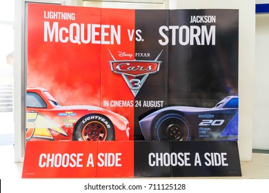 PUTRAJAYA, MALAYSIA - AUGUST 19, 2017:  Cars 3 poster displayed at Putrajaya Mall. Cars 3 is a American 3D computer-animated comedy-drama film produced by Pixar and released by Walt Disney Pictures