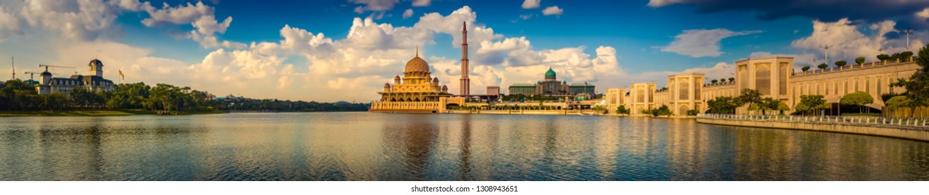 Putrajaya Skyline. Amazing View Of Putra Mosque, Perdana Putra And Putra Bridge At Sunset. Panorama