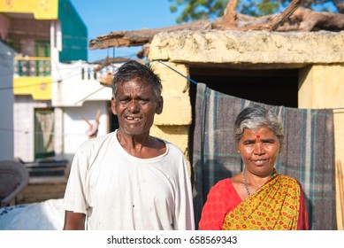 PUTTAPARTHI, ANDHRA PRADESH - INDIA - NOVEMBER 09, 2016: Portrait Of A Indian Couple In Old Age, Outdoors