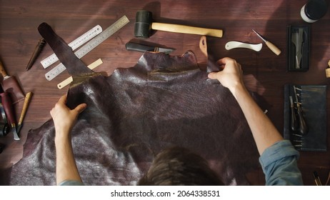 Putting Colored Python Leather On Table, Preparing Materials And Tools Before Working At Craftsmanship, Colorful Snakeskin On Workplace, Making Handmade Products Made Of Genuine Or Artificial Leather.