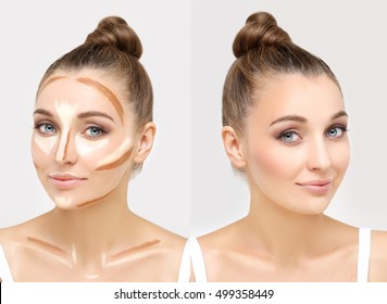 Putting makeup .Contouring.Make up woman face. Contour and highlight makeup - Shutterstock ID 499358449