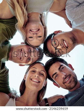 Similar – Young happy people with their heads together having fun in summer party